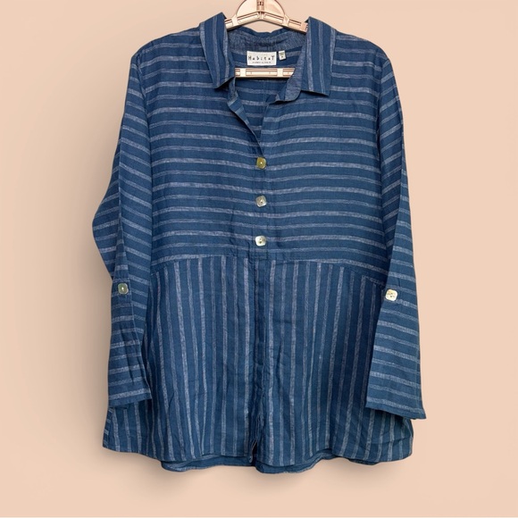 Habitat Linen Button Top Sz M White Blue Pin Striped Style 42511 Coastal Chic - Picture 2 of 16